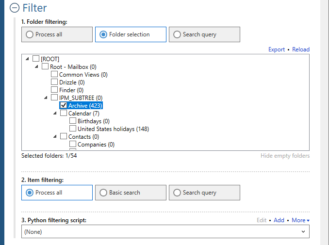 Filter settings showing a folder selection.