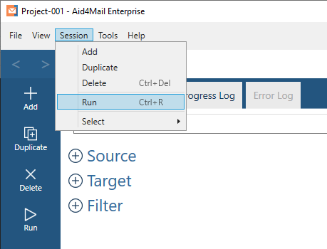 Sessione &gt; Esegui. Il pulsante Esegui è visibile anche sulla barra dei pulsanti.