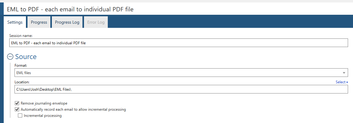 Source settings for the EML format, in Aid4Mail