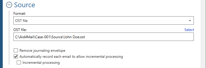 Source settings for the OST format.