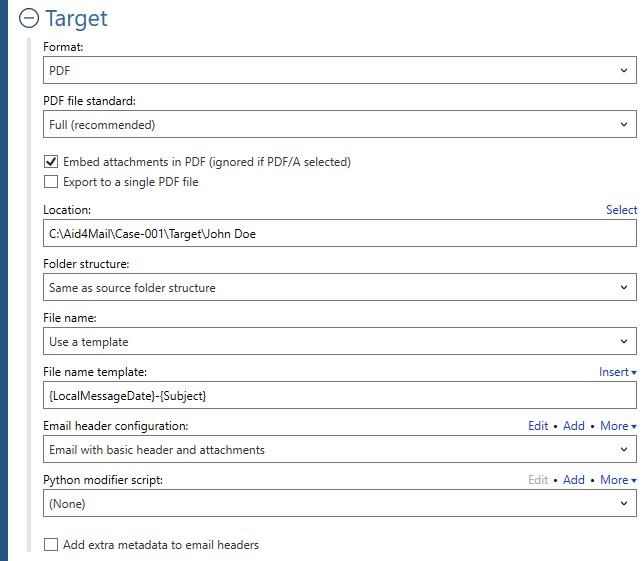 Target settings for the PDF format, in Aid4Mail