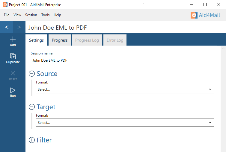 Aid4Mail settings showing the session name set to "John Doe EML to PDF". The Source and Target sections are expanded but not set. The Filter section is not expanded.