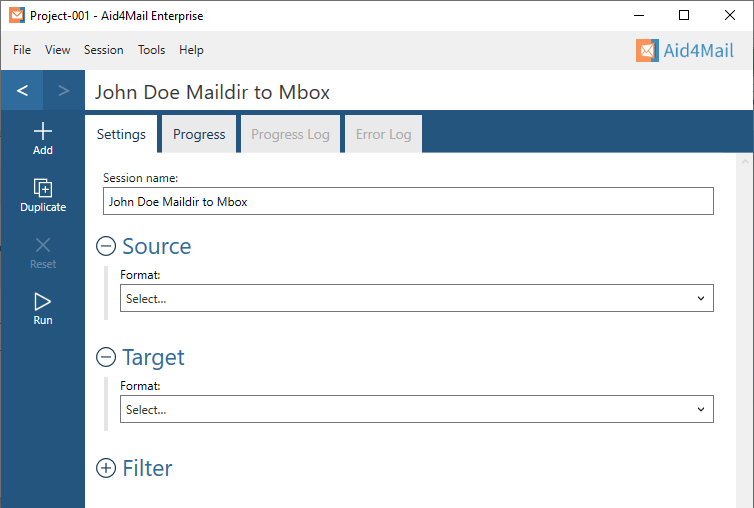 Aid4Mail settings showing the session name set to "John Doe Maildir to Mbox". The Source and Target sections are expanded but not set. The Filter section is not expanded.