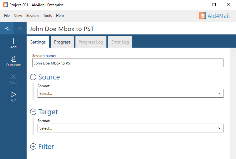 Aid4Mail settings: Session name set is to "John Doe Mbox to PST"; the Source and Target sections have been expanded but not yet set; the Filter section has not yet been expanded.