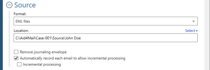 Source settings for the EML format.