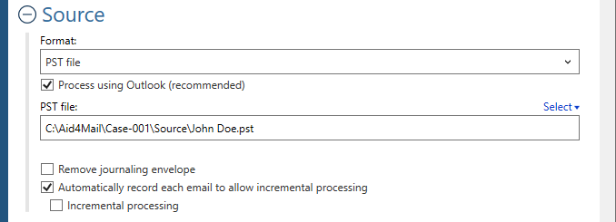 Source settings for the PST format.