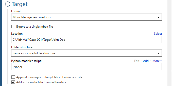 Target settings for the Mbox format.