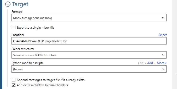 Zieleinstellungen für das Format Mbox .