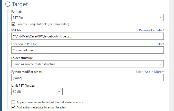 Target settings for the PST format.