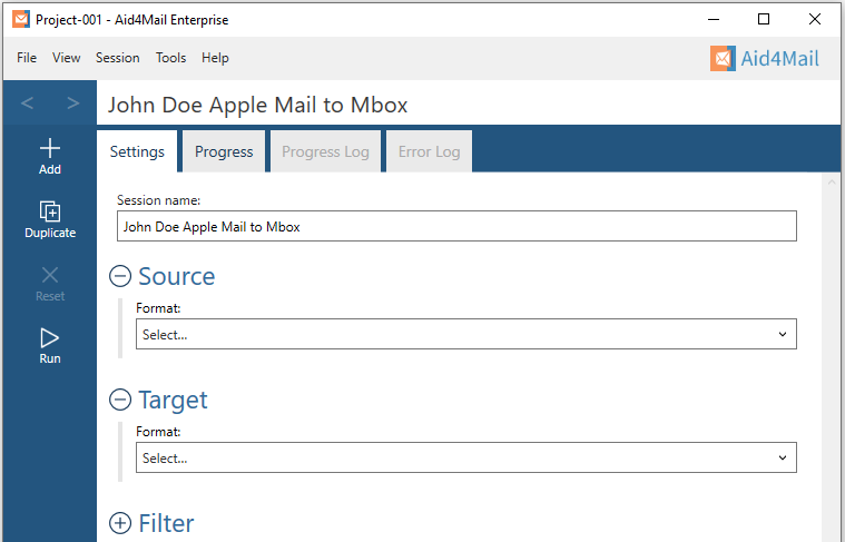 Aid4Mail settings showing the session name set to "John Doe Apple Mail to Mbox". The Source and Target sections are expanded but not set. The Filter section is not expanded. 