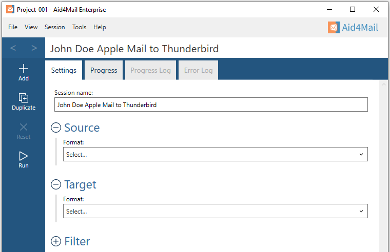 Aid4Mail settings showing the session name set to "John Doe Apple Mail to Thunderbird". The Source and Target sections are expanded but not set. The Filter section is not expanded. 