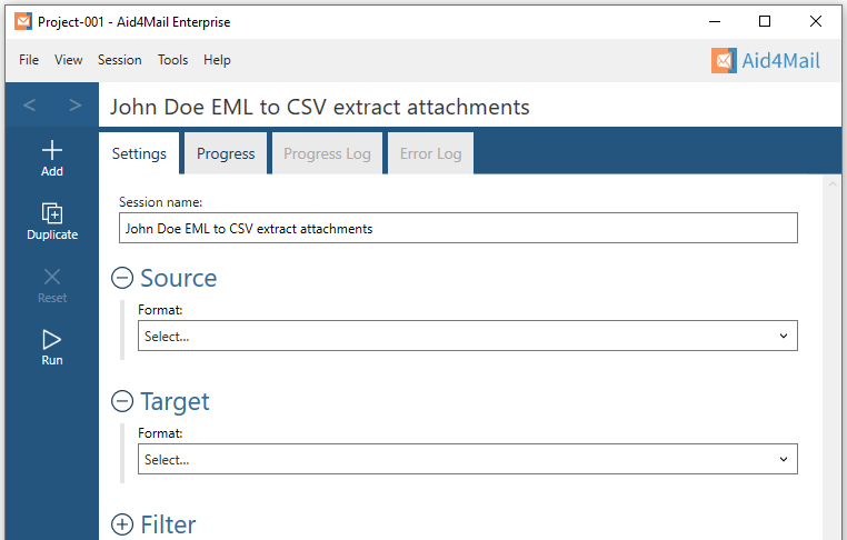 Aid4Mail settings showing the session name set to "John Doe EML to CSV extract attachments". The Source and Target sections are expanded but not set. The Filter section is not expanded. 