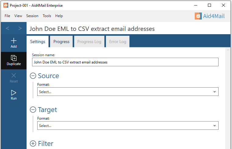 Aid4Mail settings showing the session name set to "John Doe EML to CSV extract email addresses". The Source and Target sections are expanded but not set. The Filter section is not expanded.
