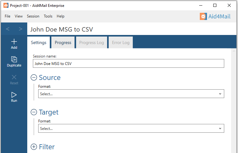 Aid4Mail settings showing the session name set to "John Doe MSG to CSV". The Source and Target sections are expanded but not set. The Filter section is not expanded.