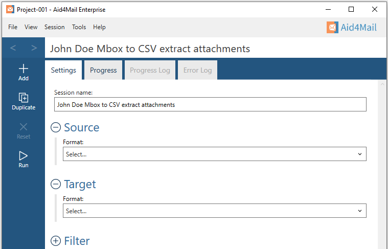 Aid4Mail settings showing the session name set to "John Doe MBOX to CSV extract attachments". The Source and Target sections are expanded but not set. The Filter section is not expanded. 