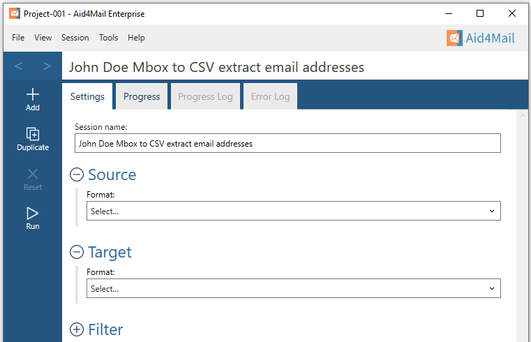 Aid4Mail settings showing the session name set to "John Doe MBOX to CSV extract email addresses". The Source and Target sections are expanded but not set. The Filter section is not expanded.