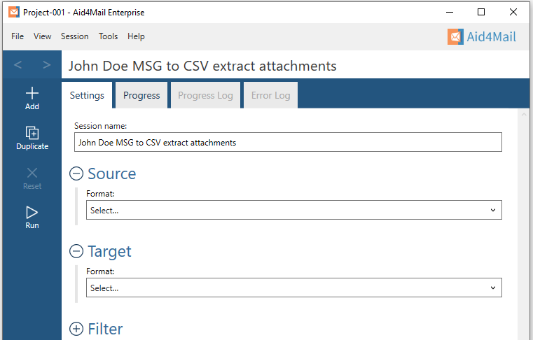 Aid4Mail settings showing the session name set to "John Doe MSG to CSV extract attachments". The Source and Target sections are expanded but not set. The Filter section is not expanded.