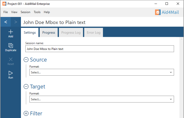 Aid4Mail settings showing the session name set to "John Doe Mbox to Plain text". The Source and Target sections are expanded but not set. The Filter section is not expanded.