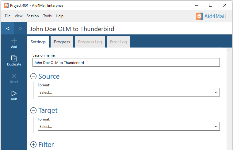 Aid4Mail settings showing the session name set to "John Doe OLM to Thunderbird". The Source and Target sections are expanded but not set. The Filter section is not expanded. 