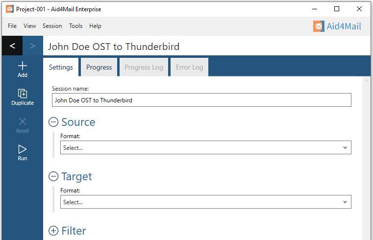 Aid4Mail settings showing the session name set to "John Doe OST to Thunderbird". The Source and Target sections are expanded but not set. The Filter section is not expanded. 