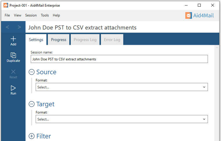 Aid4Mail settings showing the session name set to "John Doe PST to CSV extract attachments". The Source and Target sections are expanded but not set. The Filter section is not expanded. 