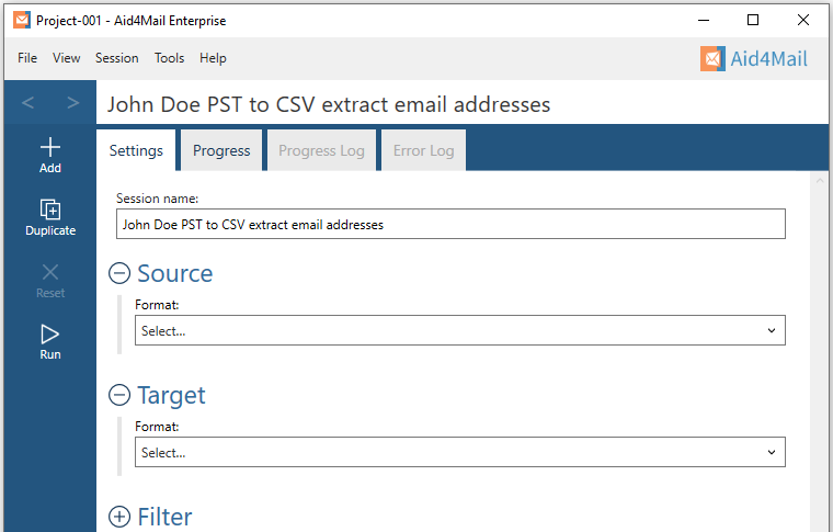 Aid4Mail settings showing the session name set to "John Doe PST to CSV extract email attachments". The Source and Target sections are expanded but not set. The Filter section is not expanded.