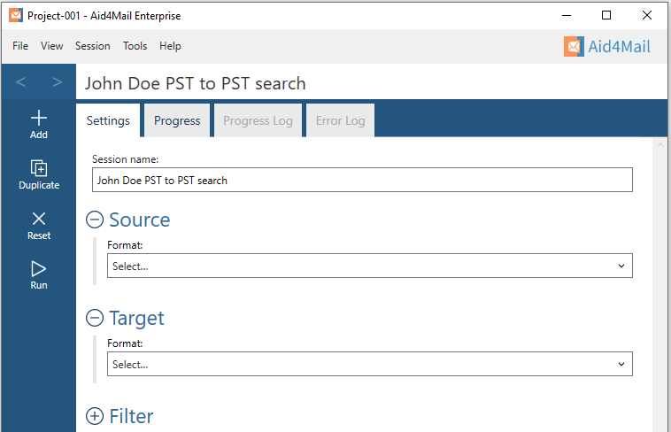 Aid4Mail settings showing the session name set to "John Doe PST to PST search". The Source and Target sections are expanded but not set. The Filter section is not expanded.