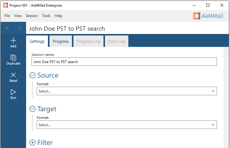 Aid4Mail settings showing the session name set to "John Doe PST to PST search". The Source and Target sections are expanded but not set. The Filter section is not expanded. 