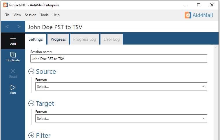 Aid4Mail settings showing the session name set to "John Doe PST to TSV". The Source and Target sections are expanded but not set. The Filter section is not expanded.