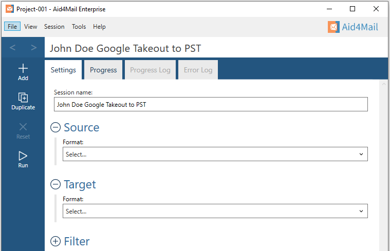 Aid4Mail settings showing the session name set to "John Doe Google Takeout to PST". The Source and Target sections are expanded but not set. The Filter section is not expanded. 