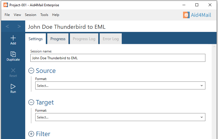 Aid4Mail settings showing the session name set to "John Doe Thunderbird to EML". The Source and Target sections are expanded but not set. The Filter section is not expanded. 
