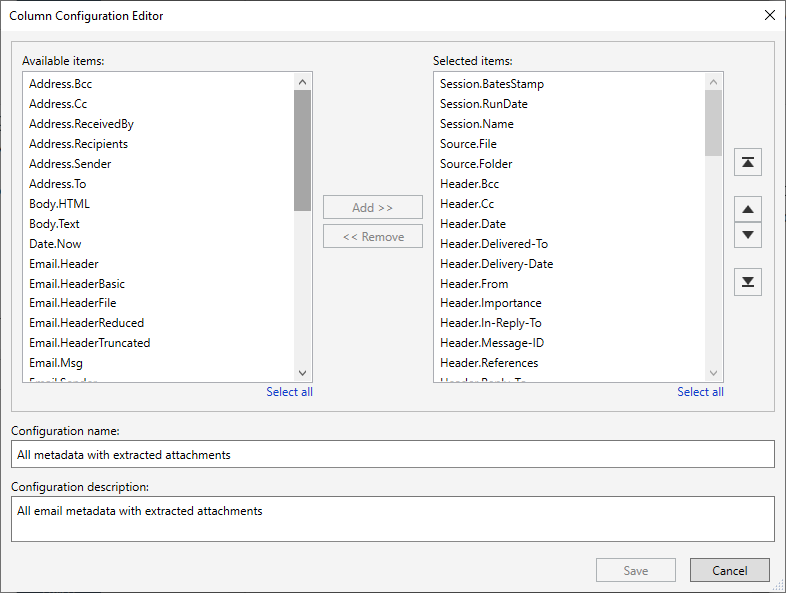 Column configuration All Metadata with extracted attachments