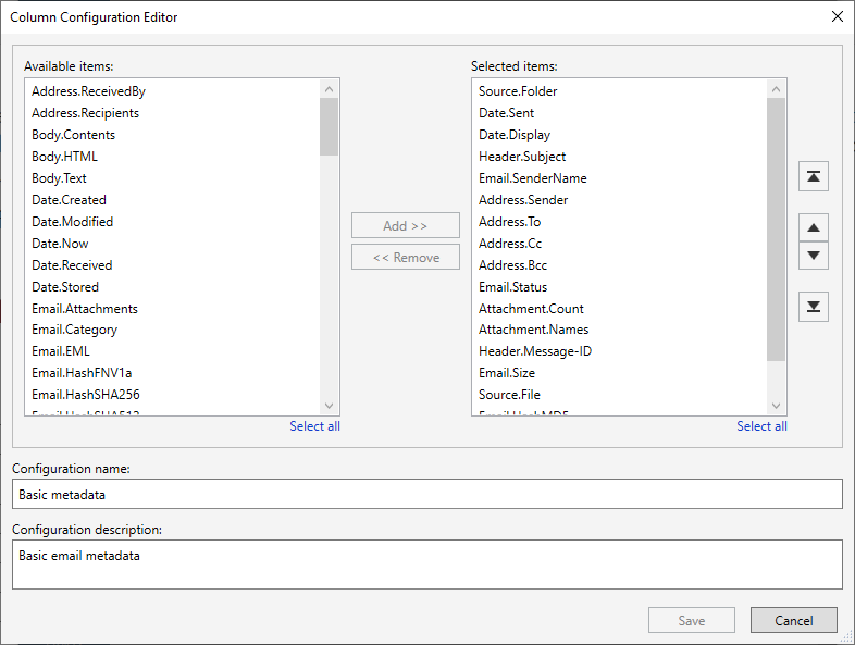 Column Configuration - Basic metadata