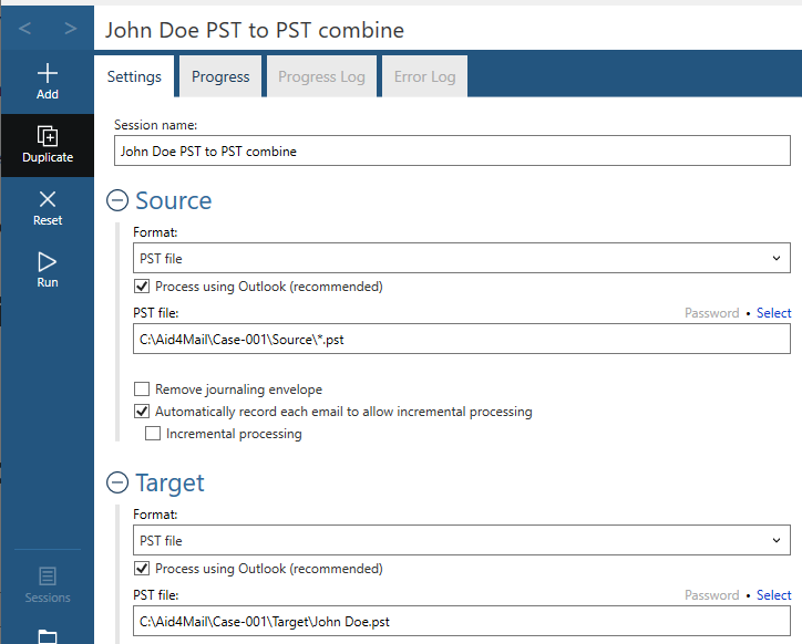 Duplicate session for merging or combining PST files