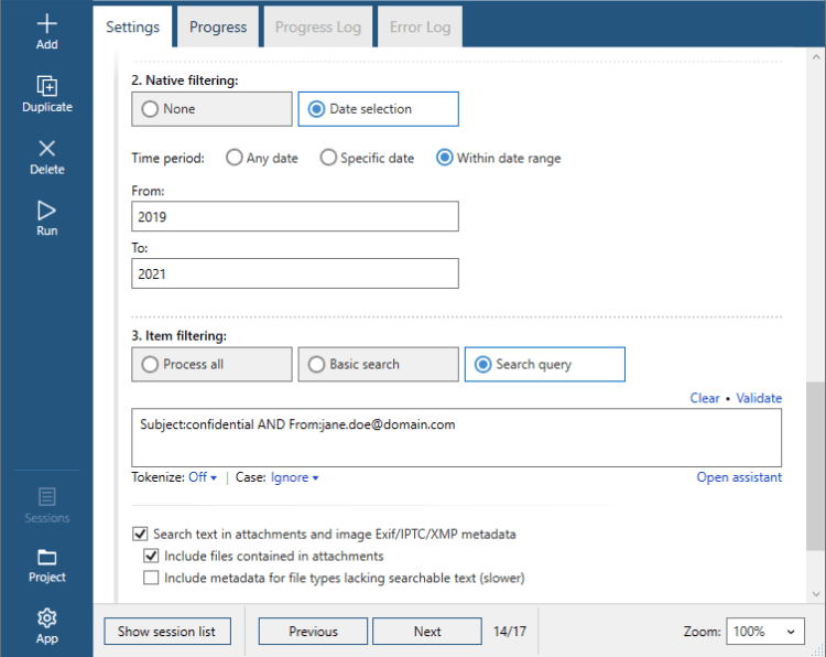 Filter settings for native PST filtering