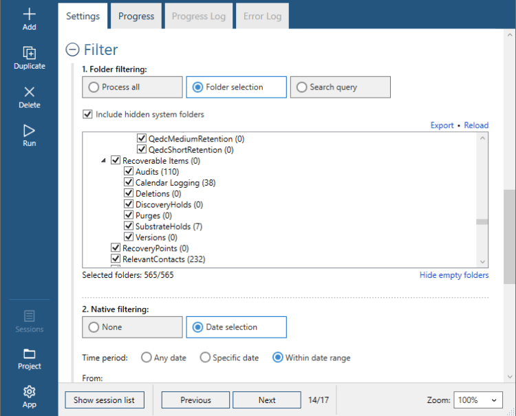 Folder filter settings for recoverable items in PST file