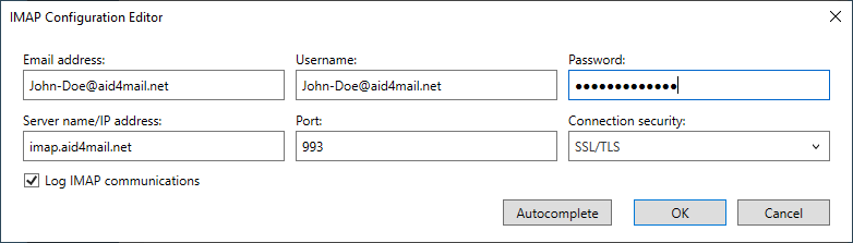 Source IMAP paramètres pour le format IMAP . 