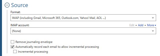 Source settings for the IMAP format.