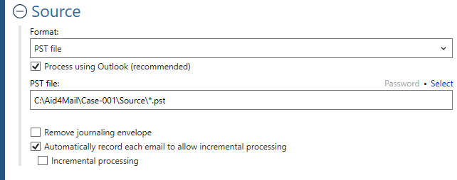 Source settings for the PST format with asterisk wildcard