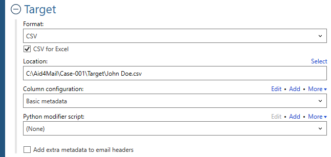 Target settings for the CSV format with basic metadata selected.