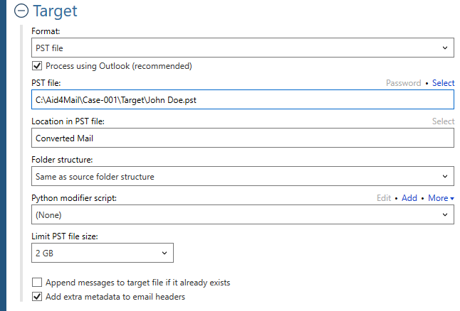 Target settings for the PST format when splitting.