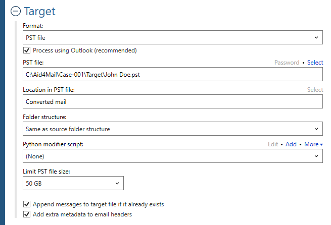 Target settings for the PST format for merge/combining PST files