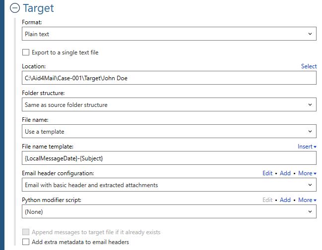 Target settings for the Plain text format. 