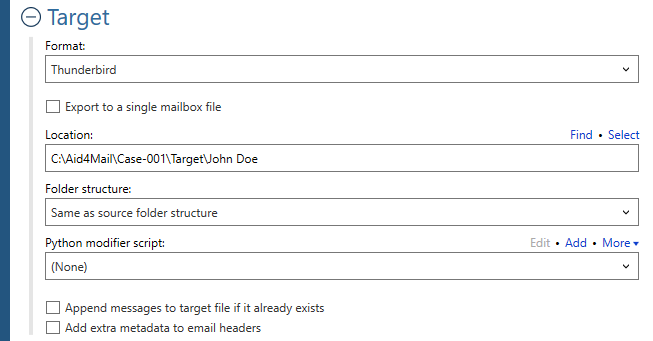 Target settings for the Thunderbird format.