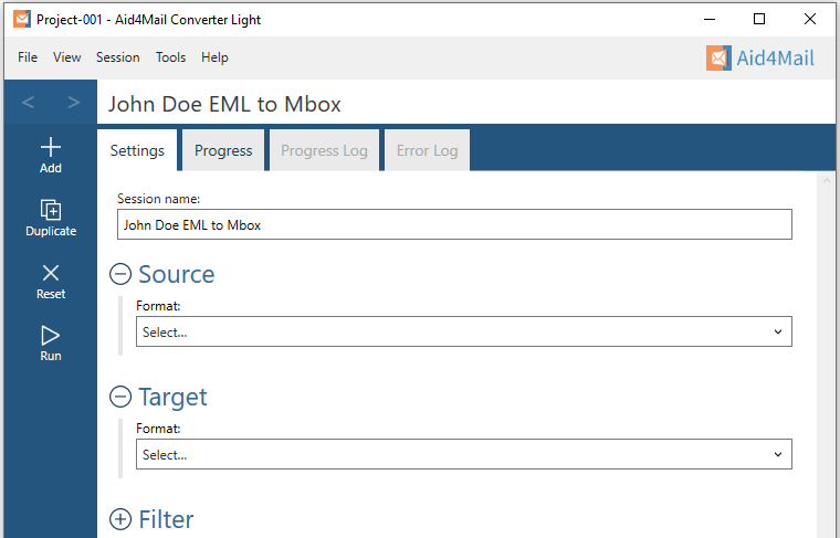 Aid4Mail settings in Converter Light showing the session name set to "John Doe EML to Mbox". The Source and Target sections are expanded but not set. The Filter section is not expanded. 