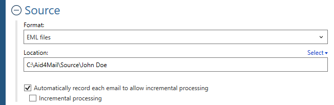 Source settings in Converter Light for the EML format. 