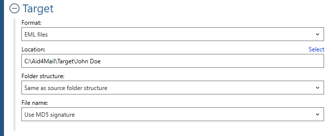 Target settings in Converter Light for the EML format.