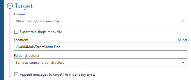 Target settings in Converter Light for the Mbox format.