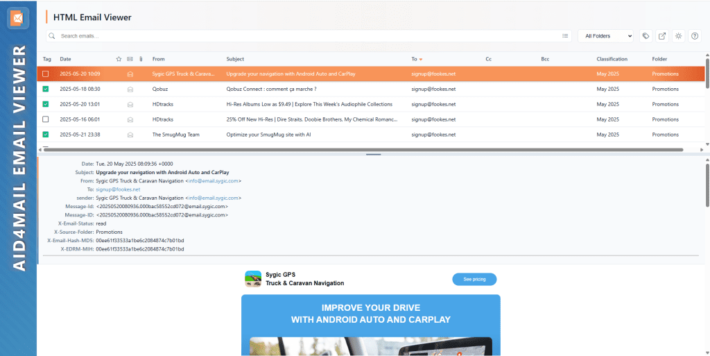 Screenshot of a browser window showing the HTML email viewer created by Aid4Mail.