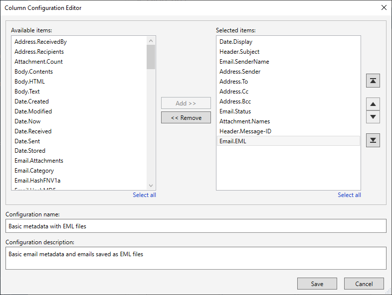 L'editor di configurazione per selezionare i metadati che verranno salvati nel file delimitato di destinazione.